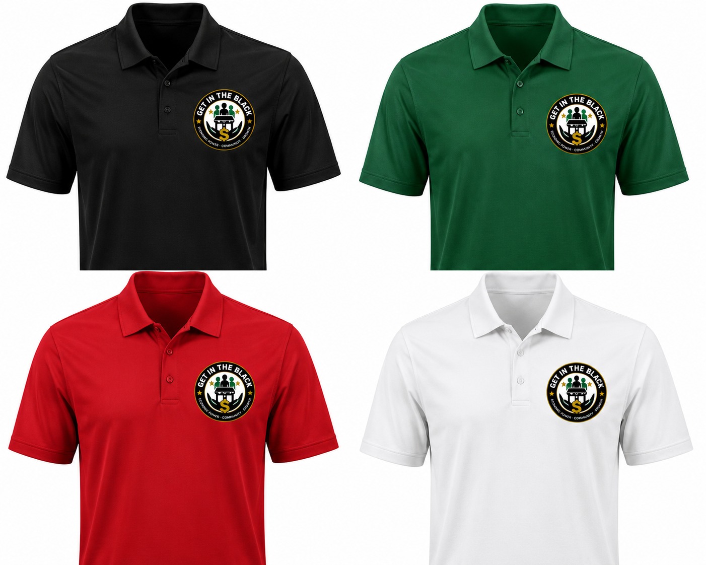 Get in the Black logo polo shirts in black, green, red and white