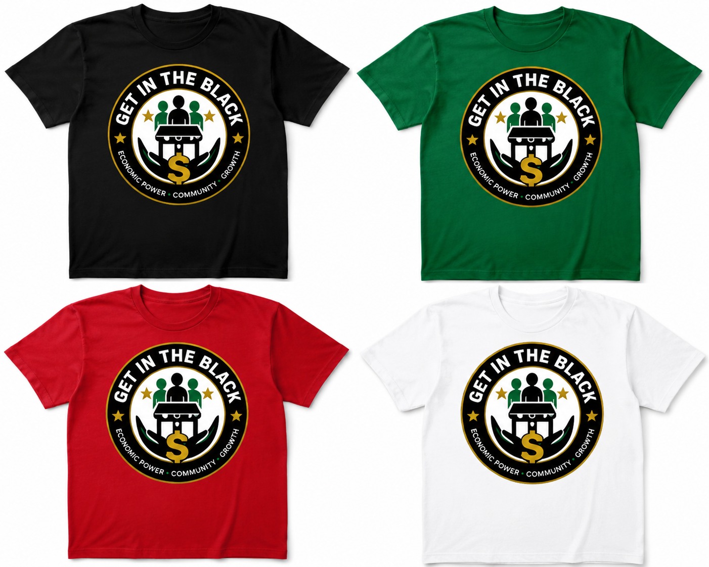 Get in the Black logo T-shirts in black, green, red and white